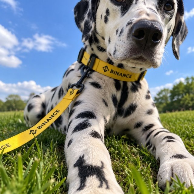 Dalmatian wearing a yellow Binance collar lying in grass